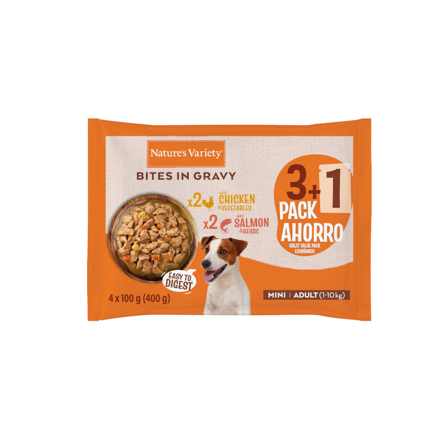 4 x 100 gr Nature's Variety Bocaditos Pollo y Salm&oacute;n Sobre en Salsa para perros adultos mini, , large Imagem n&uacute;mero 1