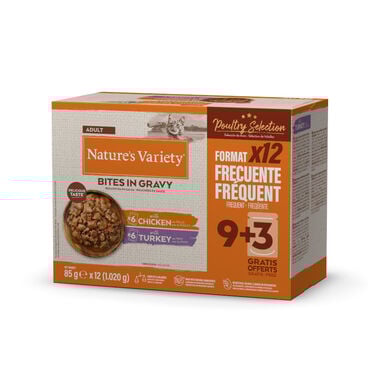 Nature's Variety Chicken ou Turkey Bites em molho para gatos adultos