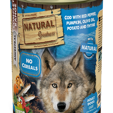 Natural Greatness Complet Ancestral Bacalhau com Pimentos Vermelhos e Batatas patê em lata para cães