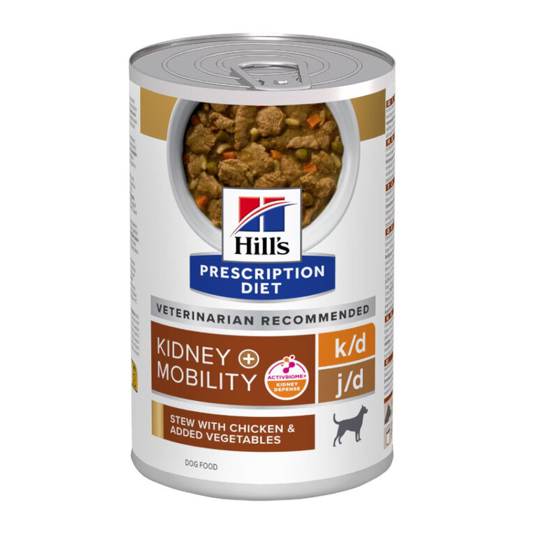 354 g Hill's Prescription Diet Kidney k/d + Mobility j/d guisado de frango e legumes lata para cães,  Imagem número 1 354 g Hill's Prescription Diet Kidney k/d + Mobility j/d guisado de frango e legumes lata para cães, , large Imagem número 1