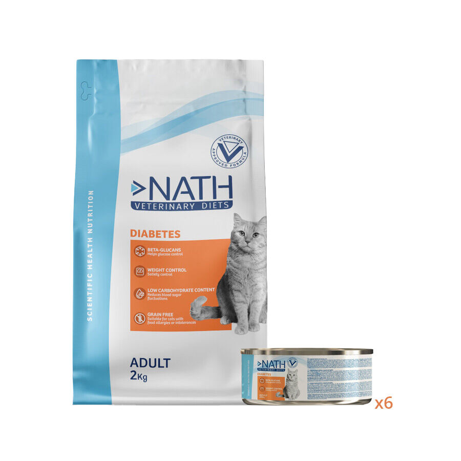 2 kg + 6 latas x 200 g Pack Nath Diabetes - ra&ccedil;&atilde;o e alimento h&uacute;mido para gato, , large Imagem n&uacute;mero 1