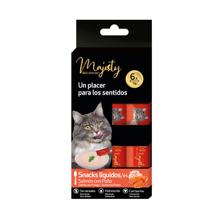 6 saquetas x 15 g Majesty Salm&atilde;o com Frango snack l&iacute;quido para gatos, , large Imagem n&uacute;mero 2