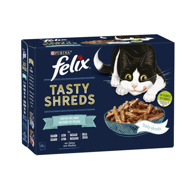12 saquetas x 80 g Felix Tasty Shreds Festa do Mar Filetes em molho saquetas para gatos,  Imagem número 1 12 saquetas x 80 g Felix Tasty Shreds Festa do Mar Filetes em molho saquetas para gatos, , large Imagem número 1