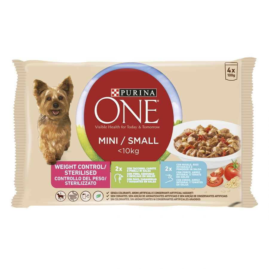 4 saquetas x 100 g Purina One Adult Mini Weight Control Sterilised Peru e Porco saqueta para c&atilde;es, , large Imagem n&uacute;mero 1