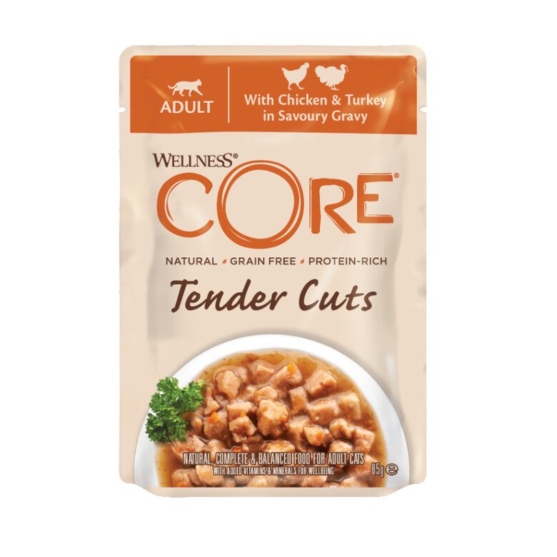 85 g Wellness Core Tender Cuts frango e peru em molho saquetas para gatos,  Imagem número 1  85 g Wellness Core Tender Cuts frango e peru em molho saquetas para gatos, , large Imagem número 1
