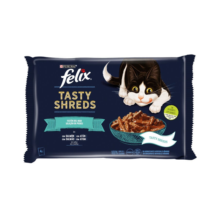 4 saquetas x 80 g Felix Tasty Shreds Sele&ccedil;&atilde;o de Peixes Alimento h&uacute;mido em saqueta para gatos, , large Imagem n&uacute;mero 1
