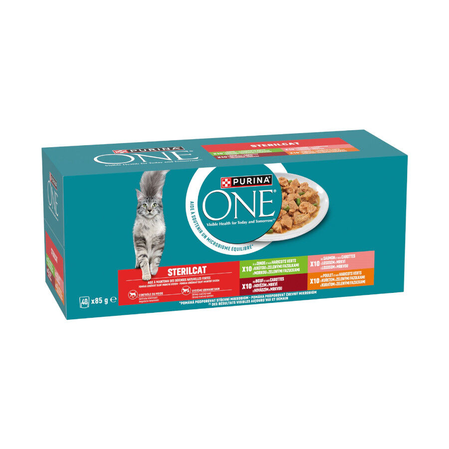 40 x 85g Purina ONE Sterilicat Comida h&uacute;mida de Salm&atilde;o e Cenouras em saquetas para gatos, , large Imagem n&uacute;mero 1