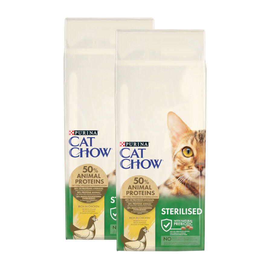 2 x 15 kg Cat Chow Sterilized Frango Ra&ccedil;&atilde;o para gatos Pack poupan&ccedil;a!, , large Imagem n&uacute;mero 1