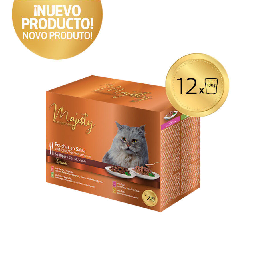 12 saquetas x 100 g Majesty Pouches Multipack Comida h&uacute;mida de carne em saquetas para gatos, , large Imagem n&uacute;mero 2