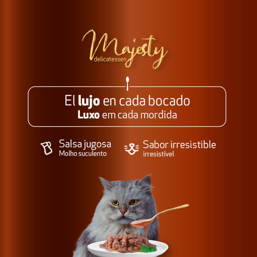 12 saquetas x 100 g Majesty Pouches Multipack Comida h&uacute;mida de carne em saquetas para gatos, , large Imagem n&uacute;mero 5