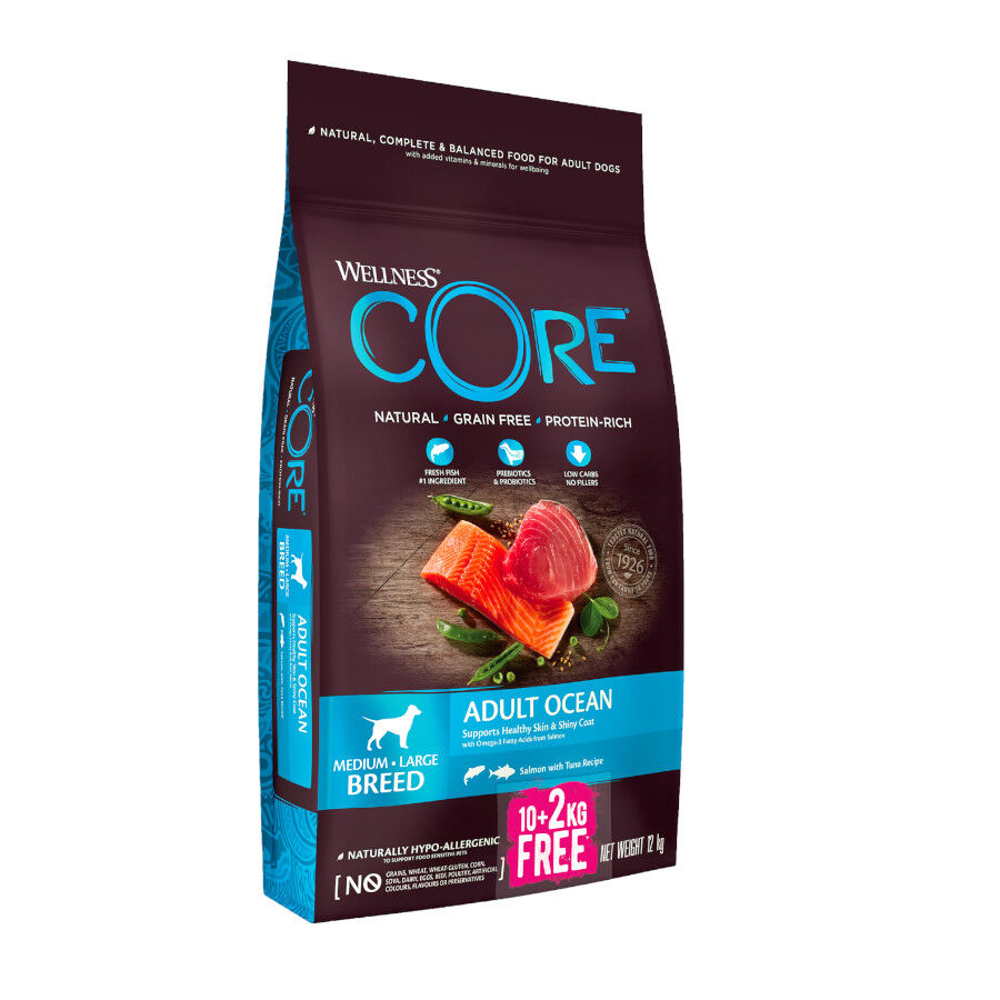 12 kg (10 + 2 kg gr&aacute;tis!) Wellness Core Adult Medium/Large Ocean Salm&atilde;o e Atum ra&ccedil;&atilde;o para c&atilde;es , , large Imagem n&uacute;mero 1