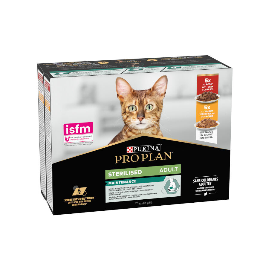 10 saquetas x 85 g Pro Plan Adult Sterilised Maintenance Frango e Boi em molho saquetas para gatos - Multipack, , large Imagem n&uacute;mero 1