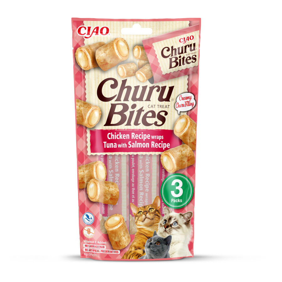 3 saquetas x 10 g Churu Snacks Bites de Frango e Atum com Salm&atilde;o para gatos, , large Imagem n&uacute;mero 1