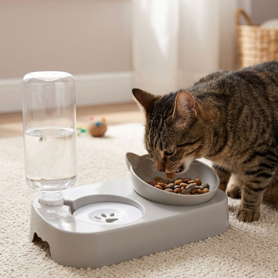 Leeby Comedouro e Dispensador de &Aacute;gua 2 em 1 Cinzento e Branco para gatos, , large Imagem n&uacute;mero 1