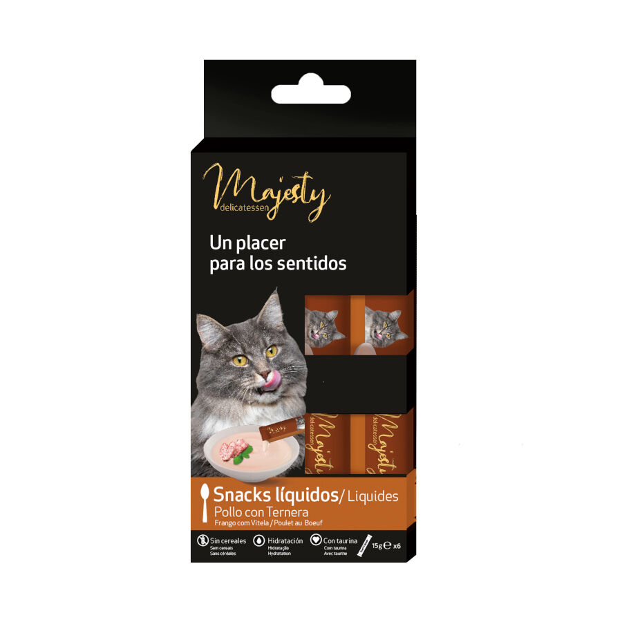 6 saquetas x 15 g Majesty Petisco l&iacute;quido para gatos Chicken com Carne, , large Imagem n&uacute;mero 2
