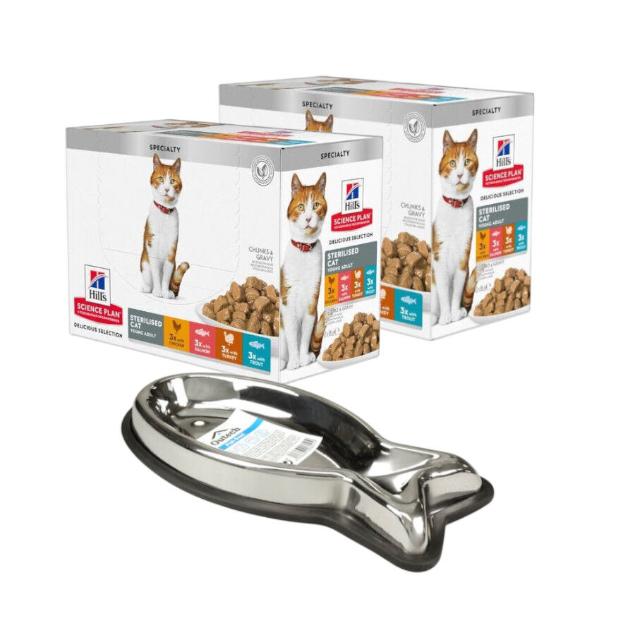 Alimentador Outech 150ml + 24 sach&ecirc;s x 85 g de carne e peixe esterilizados Hill's Science Plan para gatos Pack poupan&ccedil;a!, , large Imagem n&uacute;mero 1