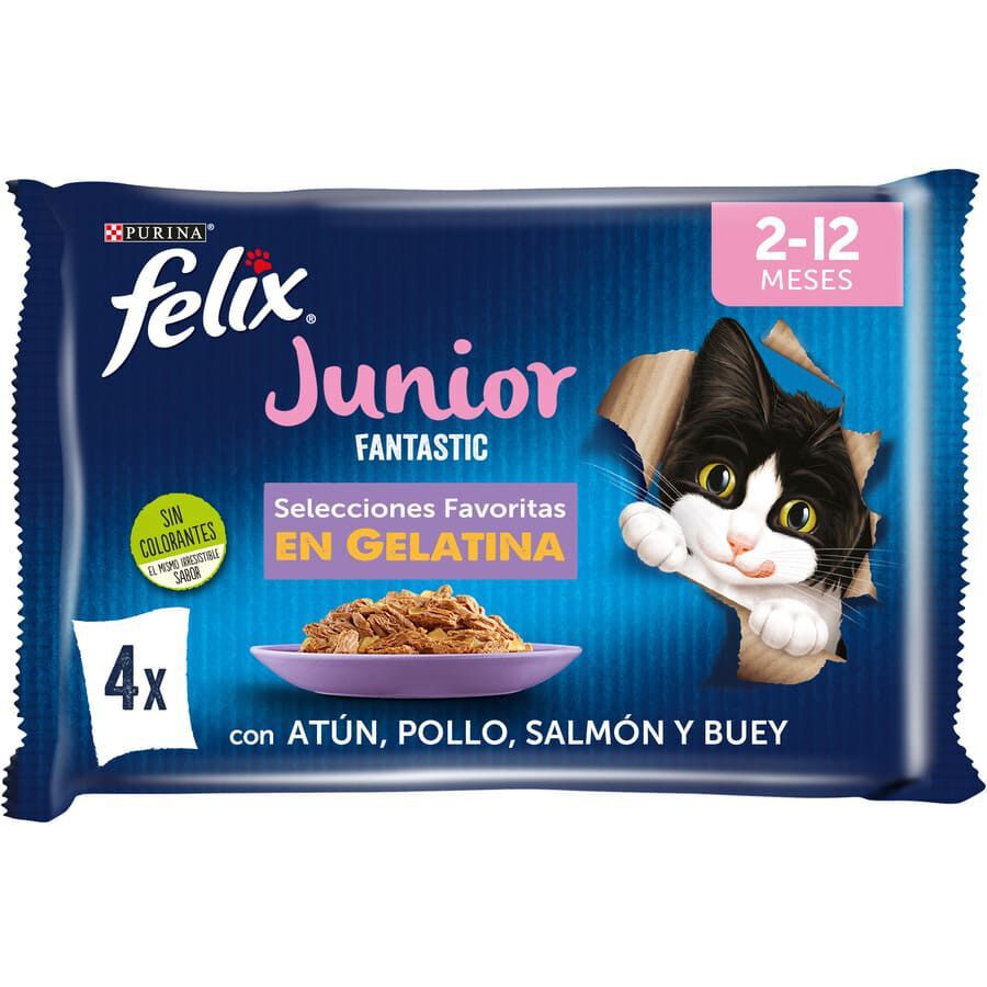 4 saquetas x 85 g Felix Junior Fantastic Carne e Peixe em Geleia saqueta - Multipack, , large Imagem n&uacute;mero 1