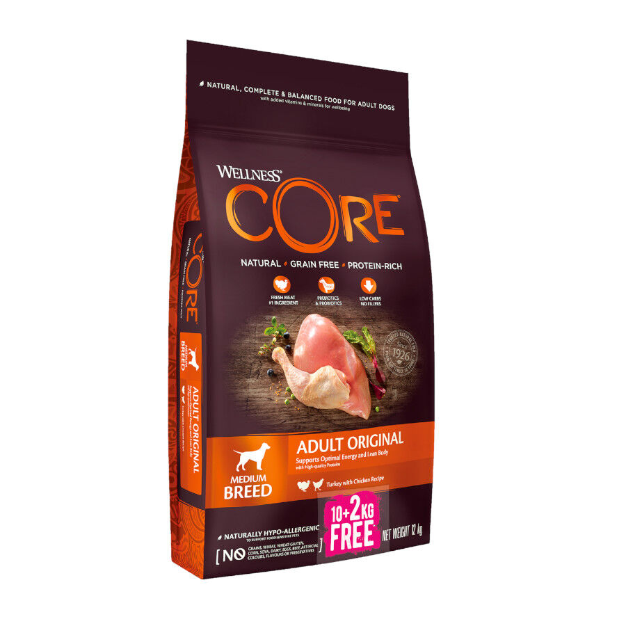 12 kg (10 + 2 kg gr&aacute;tis!) Wellness Core Adult Medium Original Peru e Frango ra&ccedil;&atilde;o para c&atilde;es , , large Imagem n&uacute;mero 1