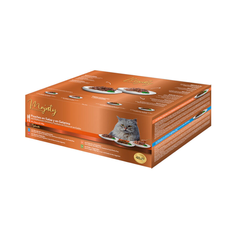 48 saquetas x 100 g Majesty Multipack Comida h&uacute;mida de peixe e carne em saquetas para gatos, , large Imagem n&uacute;mero 1