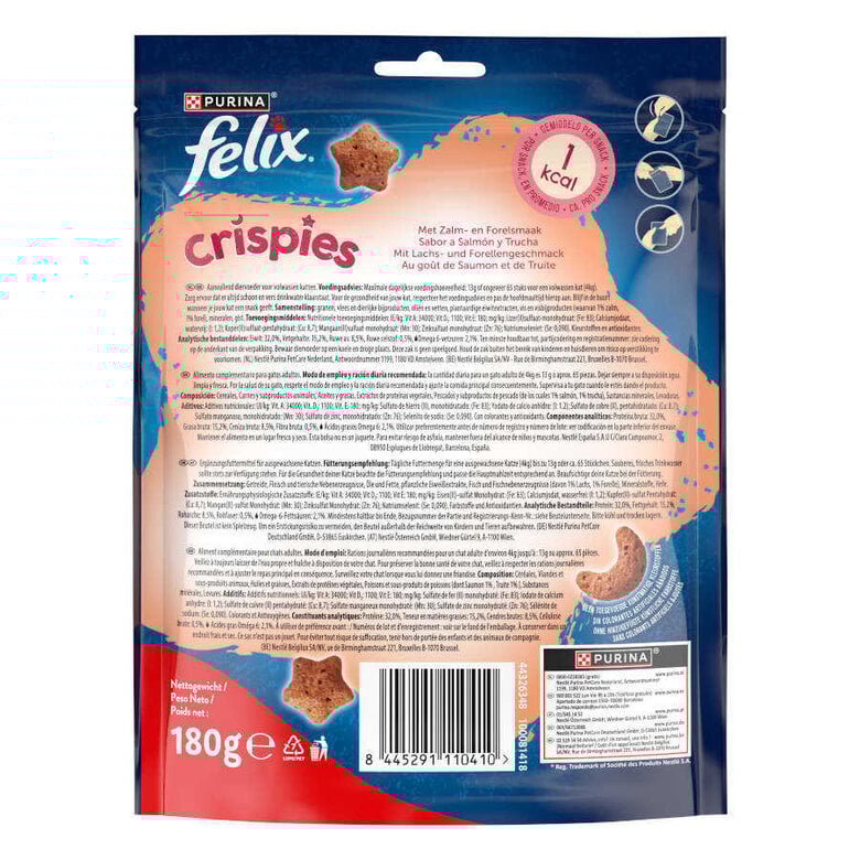 180 g Felix Crispies Snacks de Salmão e Truta Maxi Pack para gatos,  Imagem número 4 180 g Felix Crispies Snacks de Salmão e Truta Maxi Pack para gatos, , large Imagem número 4