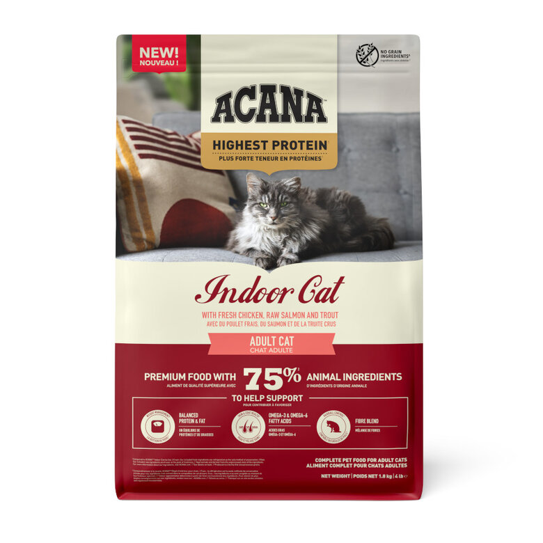 4.5 kg Acana Highest Protein Indoor Ração de frango, salmão e truta para gatos,  Imagem número 1 4.5 kg Acana Highest Protein Indoor Ração de frango, salmão e truta para gatos, , large Imagem número 1