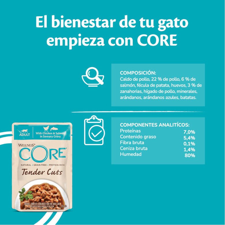 85 g Wellness Core Tender Cuts frango e salmão saquetas para gatos,  Imagem número 4  85 g Wellness Core Tender Cuts frango e salmão saquetas para gatos, , large Imagem número 4