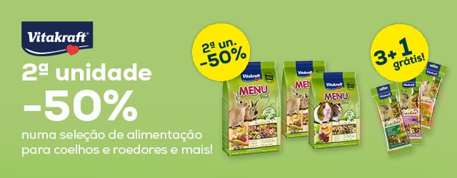 Vitakraft: -50% na 2.ª un. numa seleção de alimentação para coelhos e roedores