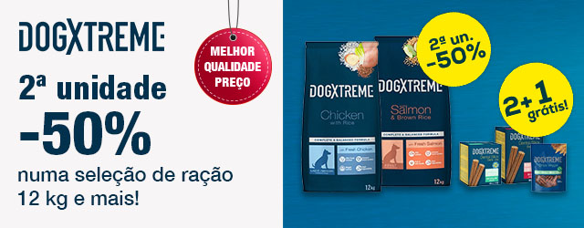 Dogxtreme: -50% na 2ª unidade numa seleção de ração 12 kg e 2+1 grátis numa seleção de snacks
