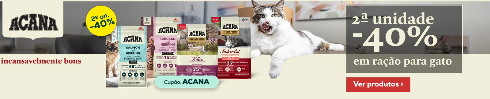 Acana: -40% na 2&ordf; unidade numa sele&ccedil;&atilde;o de ra&ccedil;&atilde;o para gato 1,8 kg