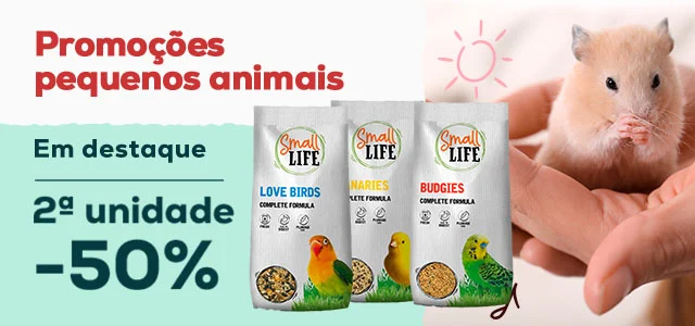 Small Life: 50% de desconto na 2ª unidade em seleção de alimentação e cálcio para pássaros e roedores