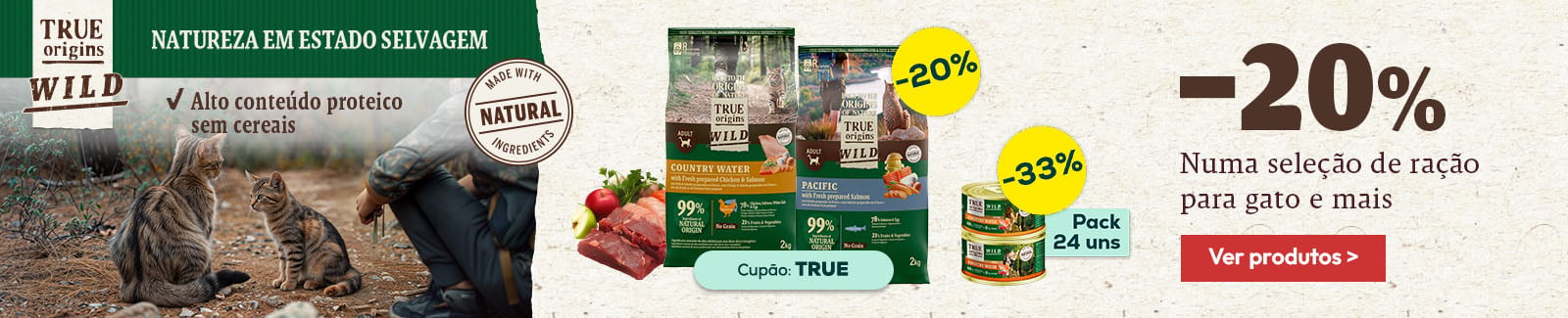 True Origins Wild: -40% na 2&ordf; unidade numa sele&ccedil;&atilde;o de ra&ccedil;&atilde;o para gato, -33% numa sele&ccedil;&atilde;o de packs de alimenta&ccedil;&atilde;o h&uacute;mida