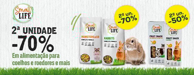 Small Life: -70% na 2.ª unidade em comida para coelhos e roedores e -50% na 2.ª unidade em snacks de fruta para coelhos e roedores (2 un.)