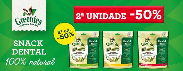 Greenies: -50% na 2ª unidade numa seleção de snacks dentários para cão