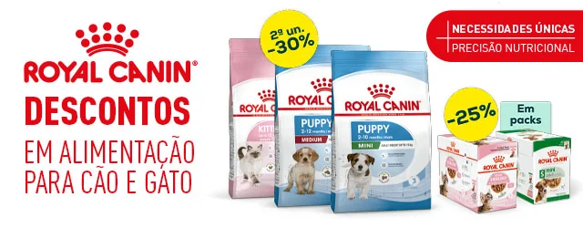 Royal Canin: -30% na 2ª unidade numa seleção de ração e -25% numa seleção de packs de alimentação húmida