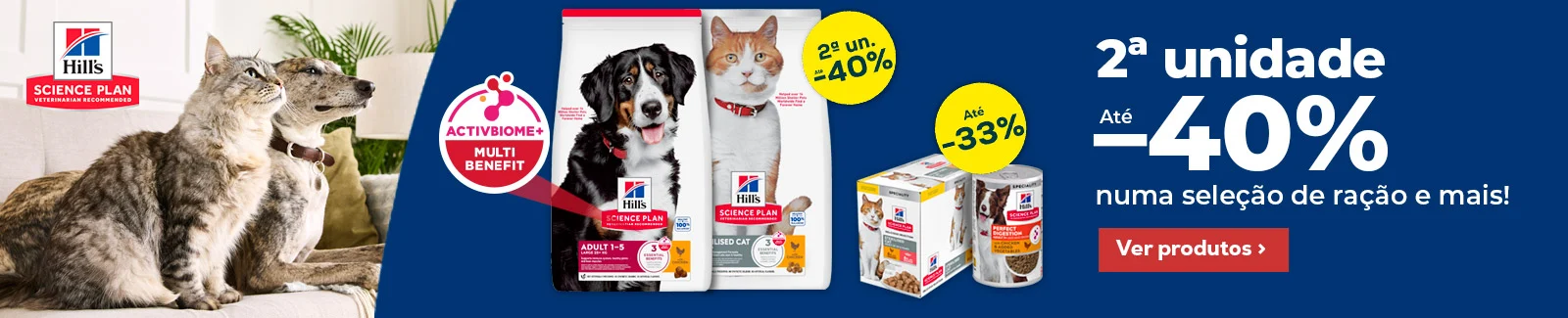 Hill's: -40% na 2&ordf; unidade numa sele&ccedil;&atilde;o de ra&ccedil;&atilde;o, e at&eacute; -33% numa sele&ccedil;&atilde;o de packs de h&uacute;midos