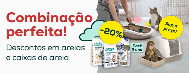 Combinação perfeita: -20% em packs de areias e super preço numa seleção de caixas de areia para gato Combinação perfeita: -20% em packs de areias e super preço numa seleção de caixas de areia para gato