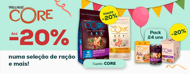 Wellness Core: Até -20% numa seleção de ração e -20% numa seleção de packs de alimentação húmida