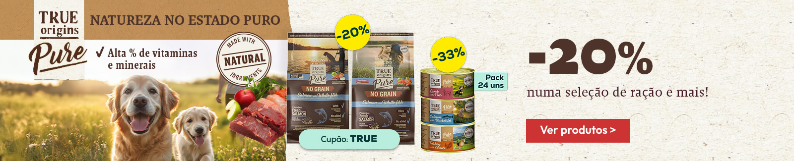 True Origins Pure: -20% numa sele&ccedil;&atilde;o de ra&ccedil;&atilde;o e -33% numa sele&ccedil;&atilde;o de alimenta&ccedil;&atilde;o h&uacute;mida para c&atilde;o 24 uns.