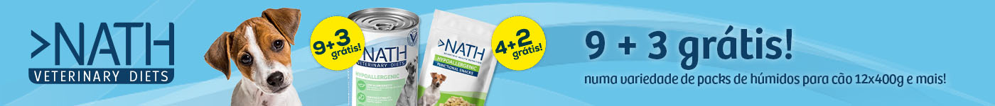 Nath: 9 + 3 grátis em packs de alimentação húmida hipoalergénica para cães e 4 + 2 grátis numa seleção de snacks para cães