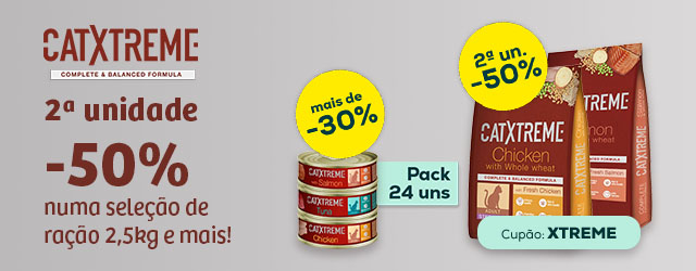 Catxtreme: -50% na 2.ª unidade numa seleção de ração 2,5 kg, e mais de -33% numa seleção de packs de alimentação húmida 24 un.s