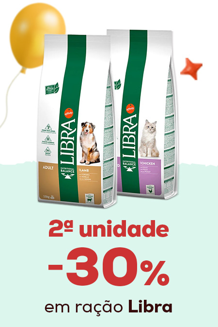 Libra: 30% de desconto na 2ª unidade numa seleção de ração para cão e gato