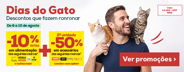 Dias do Gato: 10% de desconto extra na compra de alimentação para gato de marcas selecionadas e 50% de desconto na 2ª unidade em acessórios de marcas selecionadas