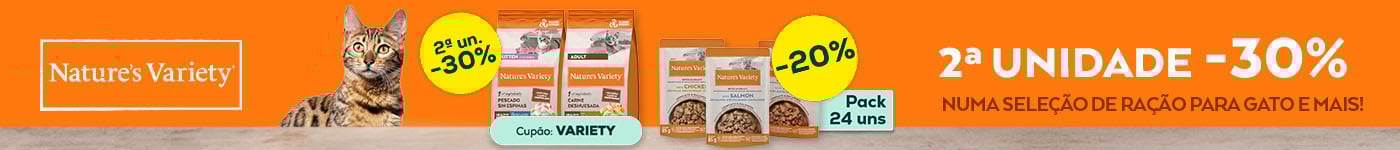 Nature´s Variety: -30% na 2ª unidade numa seleção de ração para gato 3kg, e -20% numa seleção de packs de húmidos para gato