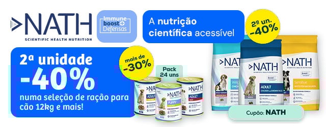 Nath: -40% na 2.ª unidade numa seleção de ração para cão 12 kg e mais de -30% numa seleção de packs de alimentação húmida para cão (24 unid.)
