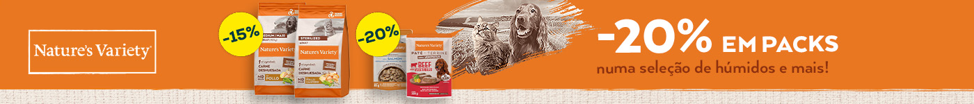 Nature's Variety: -30% numa seleção de packs de alimentação húmida e -15% numa seleção de ração para gato 7 kg