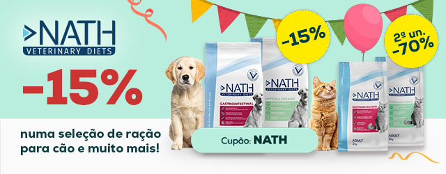 Nath Veterinary Diets: -15% numa seleção de ração para cão 12 kg e -70% na 2ª unidade numa seleção de ração para gato 2 kg
