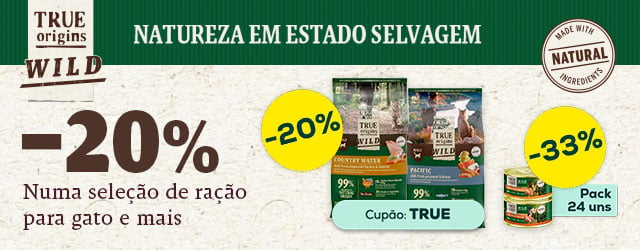 True Origins Wild: -40% na 2ª unidade numa seleção de ração para gato, -33% numa seleção de packs de alimentação húmida True Origins Wild: -40% na 2ª unidade numa seleção de ração para gato, -33% numa seleção de packs de alimentação húmida