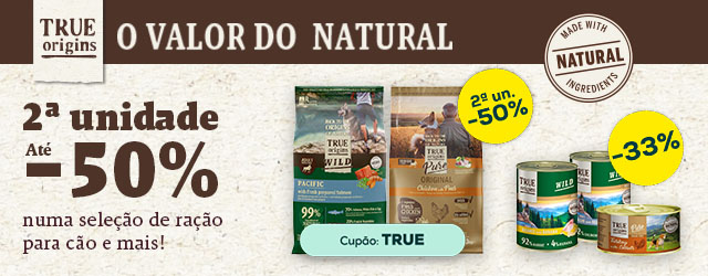 True Origins: Até -50% na 2ª unidade numa seleção de ração para cão, e até -33% numa seleção de packs de húmidos para cão
