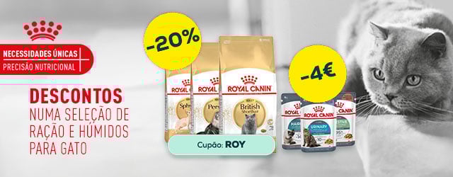 Royal Canin: -4€ numa seleção de ração para gato 2 kg, e -20% numa seleção de packs de alimentação húmida para gato 12 x 85 g