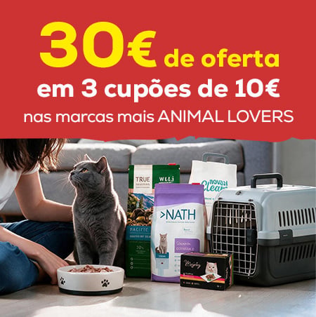 Até -60% nas marcas mais ANIMAL LOVERS e receba 30 € de oferta em 3 cupões de 10 €